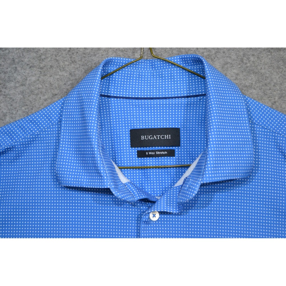 Bugatchi 8 Way Shirt Mens M Blue Polka Dot Dress Stretch Long Sleeve Classic